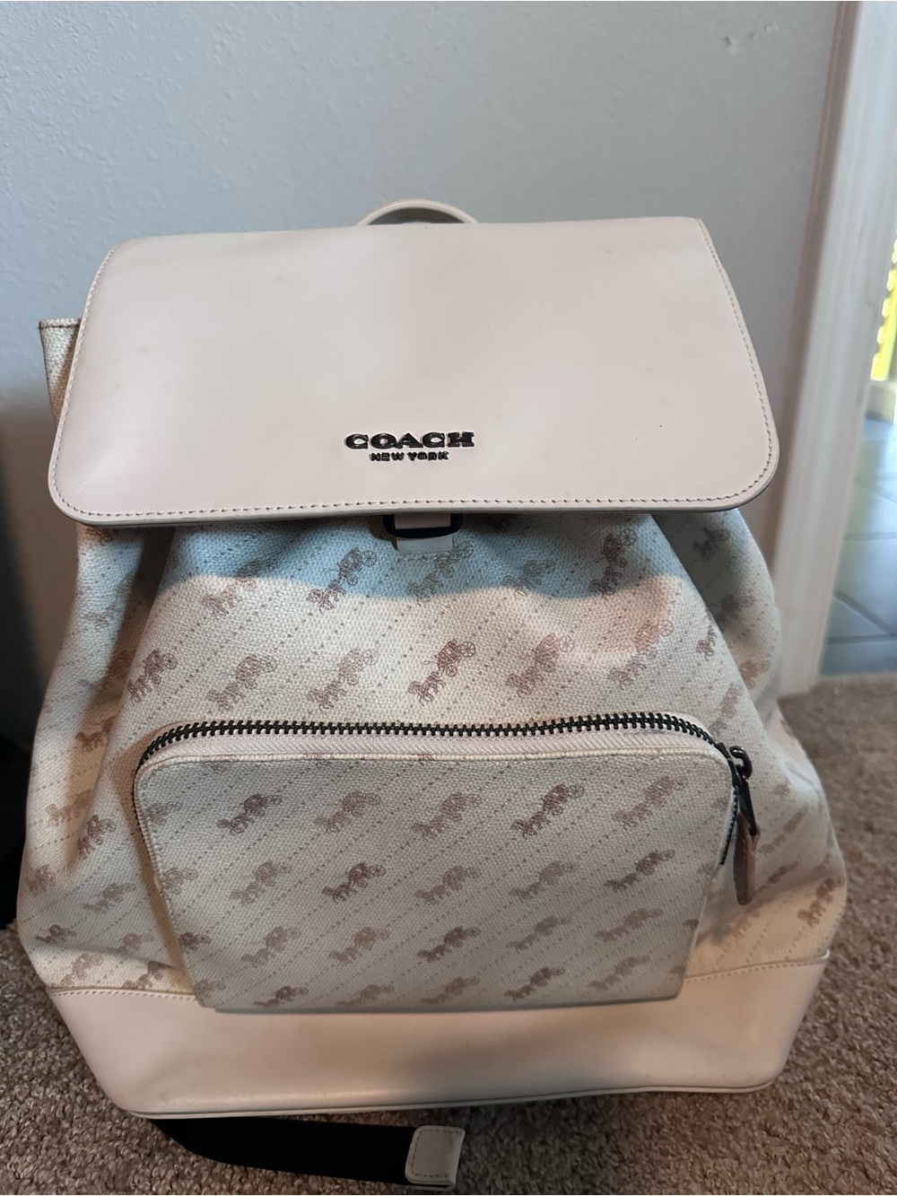 Coach Cream and Light Brown Signature Canvas Backpack with White Flap